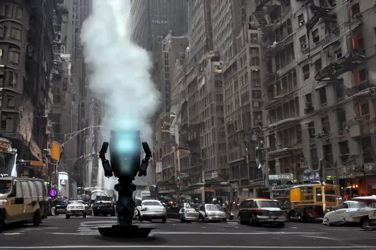 Image similar to VFX movie of a flying dark futuristic robot hero with 6 arms levitating on New York street, steam vent, by Emmanuel Lubezki