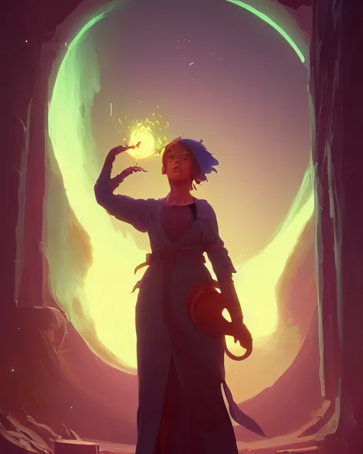 Image similar to highly detailed vfx portrait of a mage casting a earth spell, unreal engine, greg rutkowski, loish, rhads, beeple, makoto shinkai and lois van baarle, ilya kuvshinov, rossdraws, tom bagshaw, alphonse mucha, global illumination, detailed and intricate environment