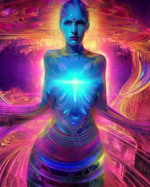 Image similar to a powerful energy psychedelic matrix priestess, by alexander fedosav, hyper detailed digital matte painting, concept art, hyperrealism, 1 6 k resolution, cinema 4 d, 8 k resolution, trending on artstation, behance hd, a masterpiece, by stephan martiniere, particles, cel - shaded, power bright neon energy, by david a. hardy,