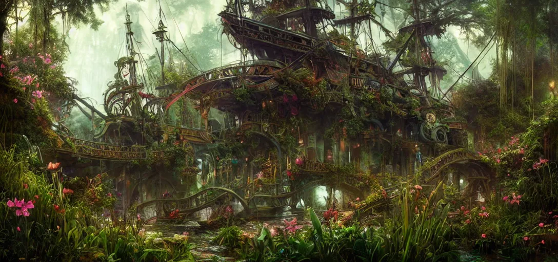 Image similar to epic fantasy render of a beautiful pirate ship in an old dilapidated amusement park overgrown with verdant flowers, dark retrowave, highly detailed, digital painting, cinematic, hyperrealism, rpg portrait, dynamic lighting, art by magali villeneuve and alphonse mucha, artstation, octane render, cgsociety