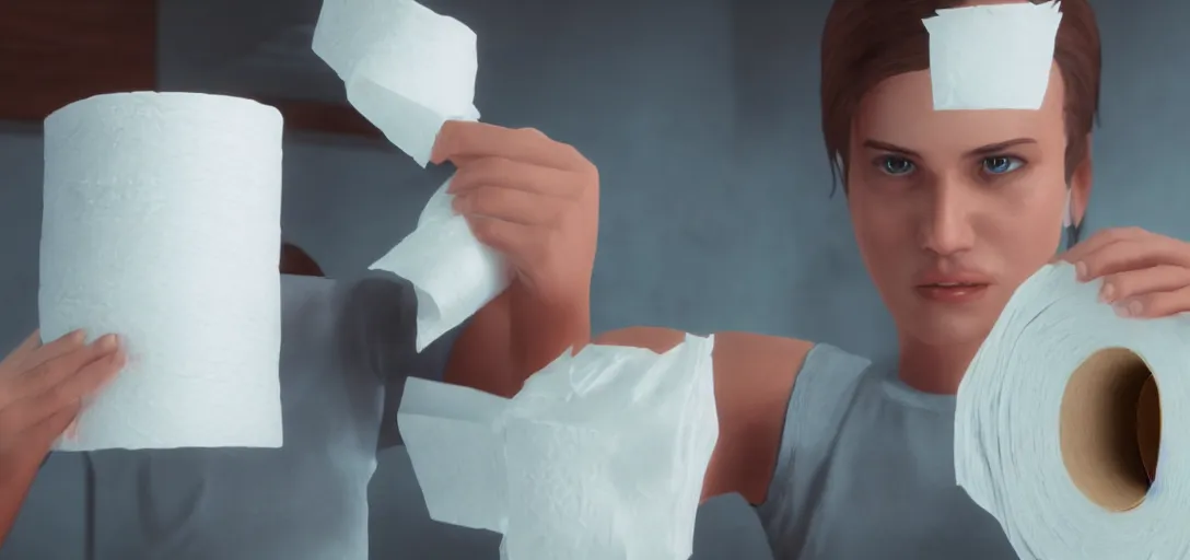 Prompt: First Person View of a video game character holding toilet paper, very realistic, 4K