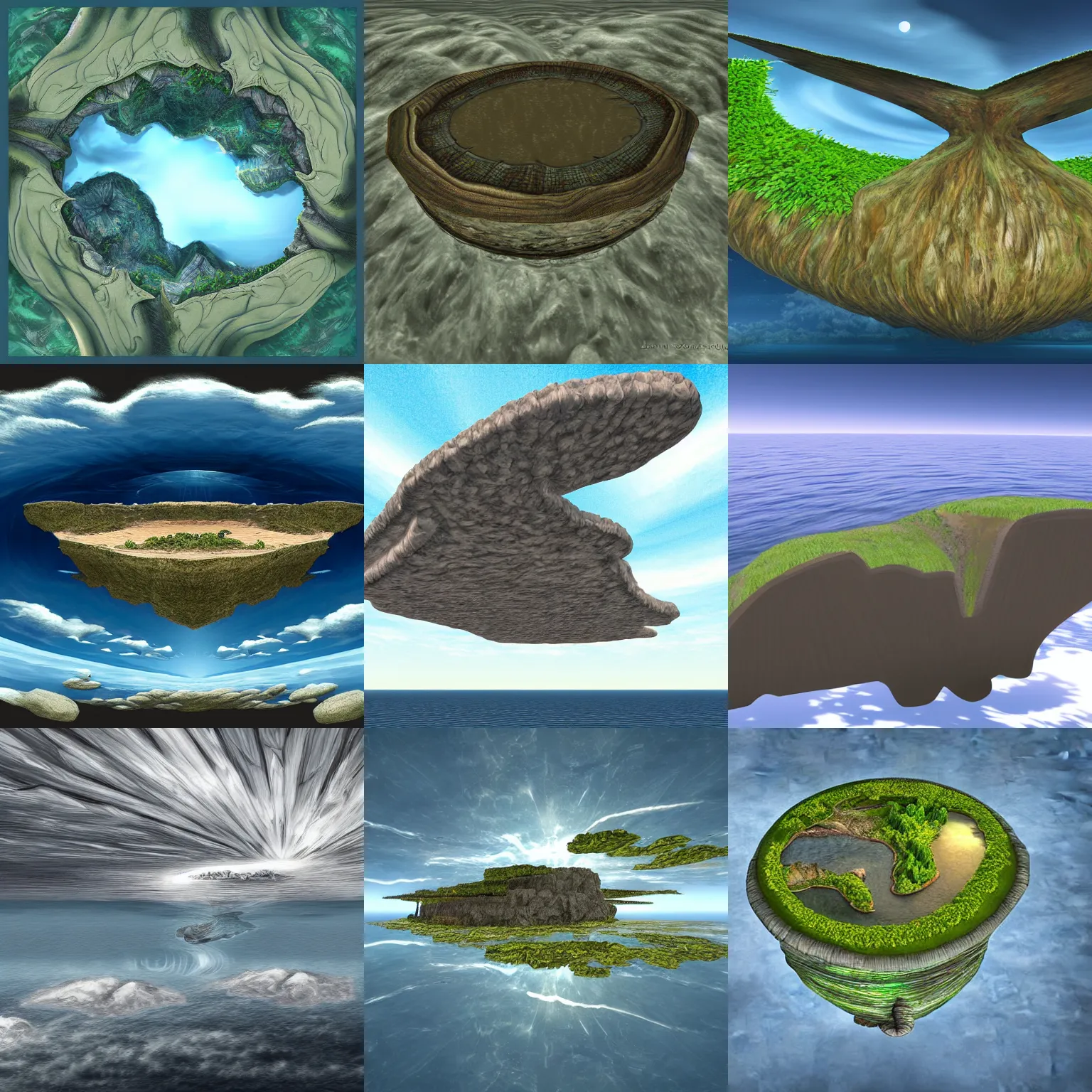 Prompt: view of the underside of a flying island, bottom to top perspective, fantasy digital art