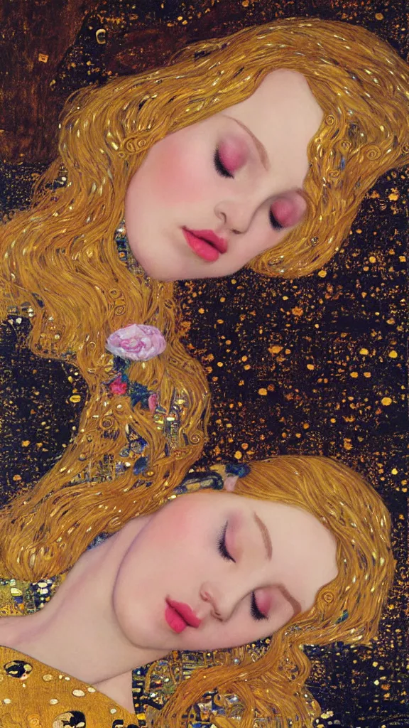 Prompt: a soft and breathtaking detailed painting of a full body sleeping blonde princess in the style of Gustav Klimt, blonde hair, shiny gold, elegant, highly detailed, artstation, fluo colors, concept art, matte, sharp focus, art by Gustav Klimt