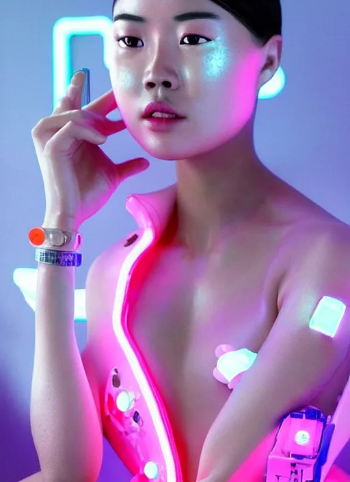 Prompt: an asian female humanoid with freckled cheeks, cyber neon lighting, futurism, intricate futuristic led lit jewelry, cyberpunk glossy white latex swimwear, profile posing, hyper photorealistic, crispy quality, digital photography, trending in artstation, trending in pinterest, cinematic, 4 k ultra hd, art by pascal blanche, art by greg rutkowski,