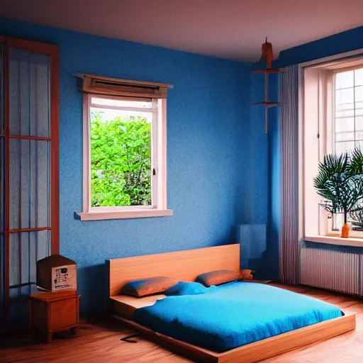 Prompt: a room with a blue bed in the corner, with a window next to the bed, plants in the window, sunlight coming through the window, wooden walls and a lava lamp, light reflections, professional photo, artstation trend, hdr