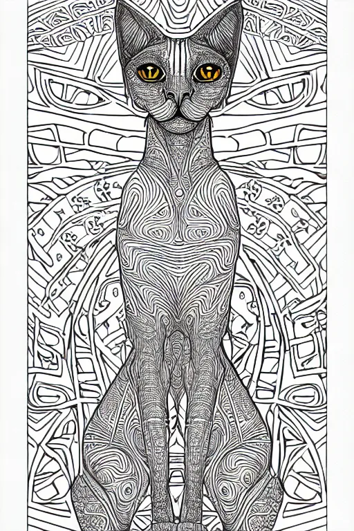 Prompt: sphynx cat egypt cat statue ornate luxury fractal ink drawing line art colouring page, vector, margins, fine lines, centered