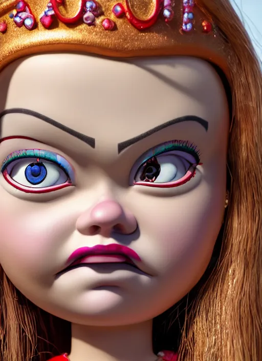 Image similar to closeup face profile portrait of a tin toy greta thunberg as the bride of chucky as a fairytale princess wearing a crown, bikini, depth of field, zeiss lens, detailed, fashion photoshoot, by nicoletta ceccoli, mark ryden, lostfish, breathtaking, 8 k resolution, extremely detailed, beautiful, establishing shot, artistic, hyperrealistic, octane render