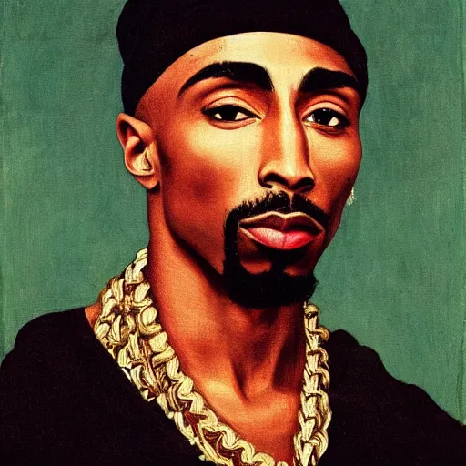 Image similar to A Renaissance portrait painting of Tupac Shakur