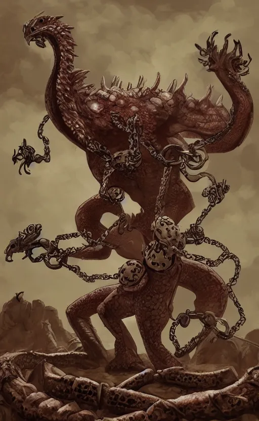 Image similar to bloated featherless large falcon-octopuss hybrid, dragon-like, large body, angry, chained up, chains, world of warcraft art style, wow cinematic cutscene, sand, desert ruins, lovecraftian, dnd, eldritchpunk, ink sketch by mark Harrison