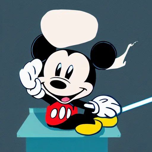 Prompt: mickey mouse holding a giant joint while sitting on a couch in a messed up apartment, stoned eyes, smoke, amazing digital art, amazing detail, artstation, award winning, sharp