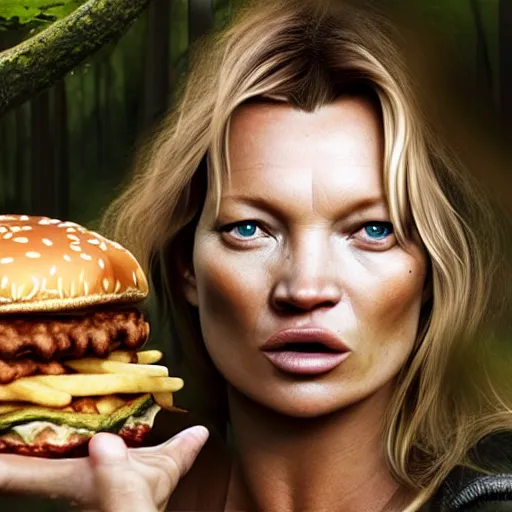 Image similar to A beautiful hyper realistic ultra detailed lifelike matte painting of Kate Moss eating big macs in the forest, serving fries, covered in ketchup, unreal engine, deviantart, flickr, artstation, octane render, textured, colorful, extreme realistic detail, physically based rendering, pbr render, very detailed, volumetric lighting, detailed lighting, octane render, 4k, cinematic lighting, 8k resolution