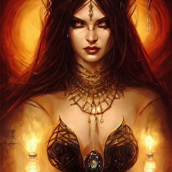 Image similar to a higly detailed painting of a sorceress with piercing beautiful eyes, dark dungeon setting, dynamic lighting, ambient lighting, deviantart, art by artgerm and karol bak and mark brooks