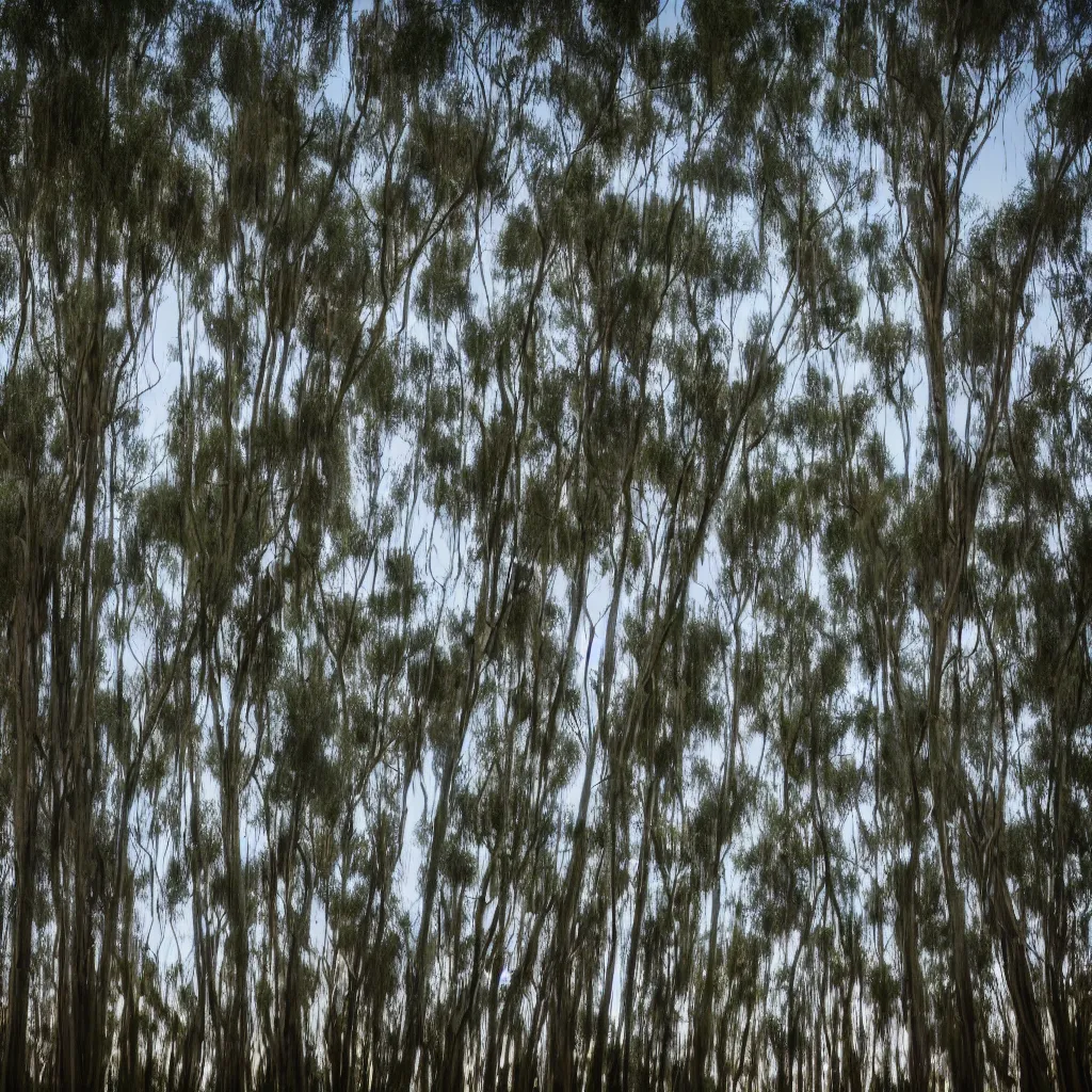 Prompt: 1 0 seconds long exposure photograph of eucalyptus trees, strong wind, back light, sony ar 7 ii, photographed by julie blackmon
