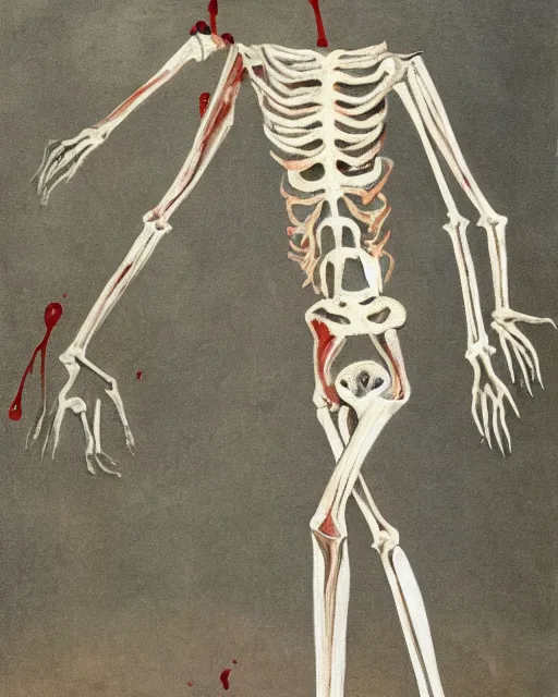 Image similar to Painting of a pale, emaciated, and lanky humanoid creature. It has long bony arms and legs and its ribs are visible. It had sharp teeth and claws with pale milky eyes; snow, woods, blood