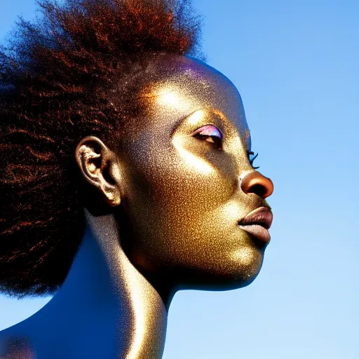 Image similar to portrait of metallic reflecting face, african woman, subtle iridescence, smooth, proud looking away, outdoor, blue sky, nature, 8 k, realistic, depth of field, highly detailed, award winning photography,