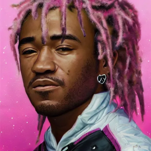 Prompt: Portrait of Lil Uzi Vert wearing a pink spacesuit, surreal background, digital art by Krenz Cushart, trending on artstation, cgsociety, Lil Uzi Vert