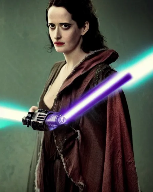Image similar to eva green as a jedi with ripped and damaged clothes holding a purple lightsaber in her hands, very dark background, official star wars episode xii movie poster, perfect symmetrical face, moody lighting, 8 k, shallow depth of field, intricate detail,