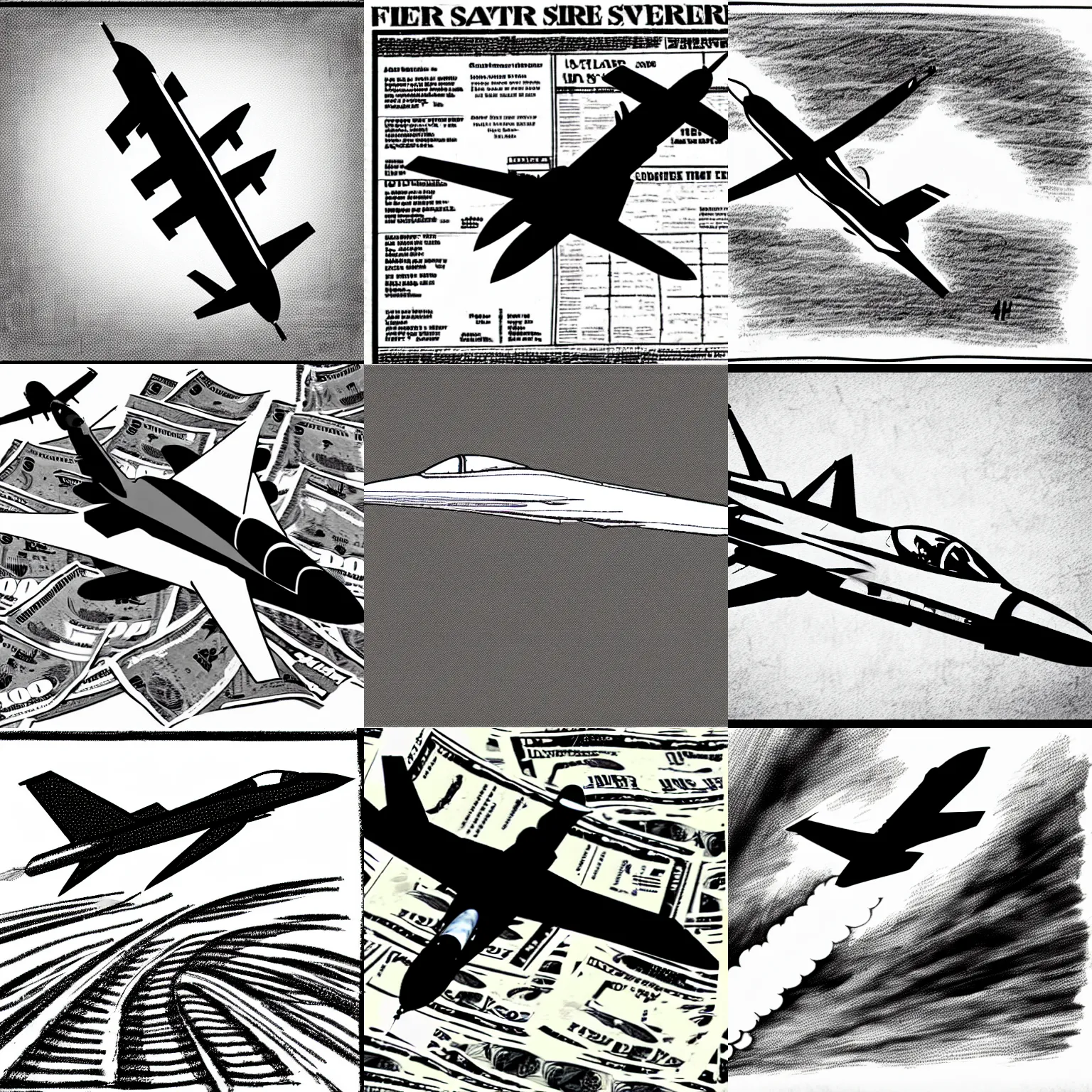 Prompt: fighter jet in flight, smoke trail of money, cartoon,newspaper illustration, b&w