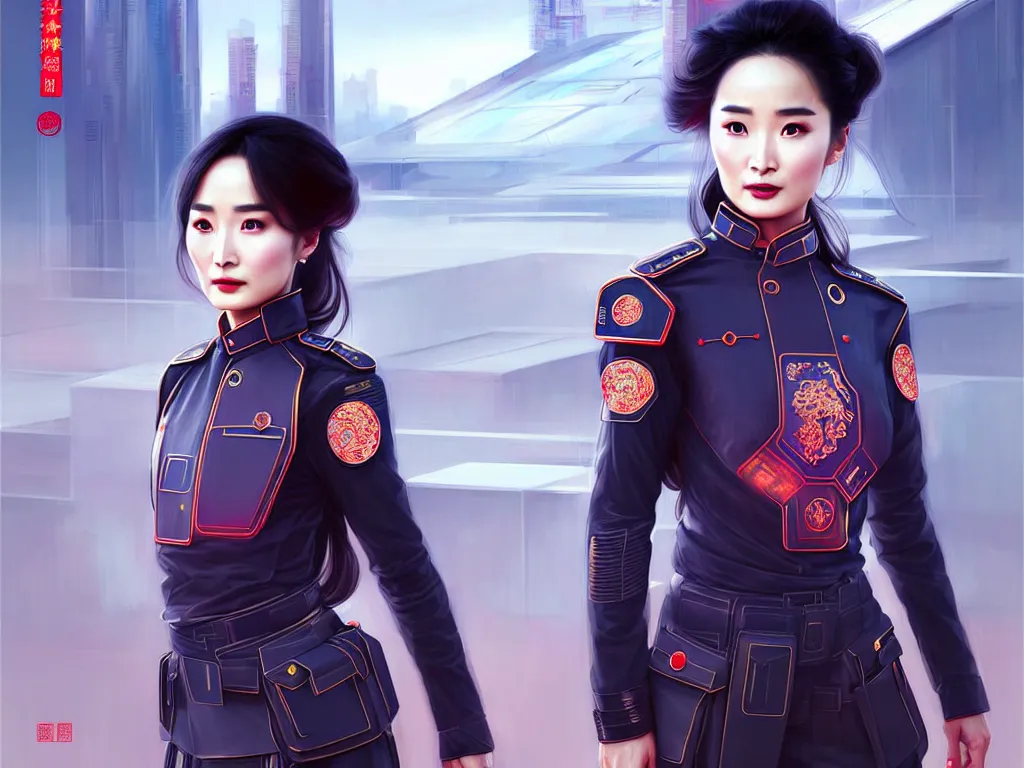 Image similar to portrait futuristic china police uniform female yang mi, at future neon light rooftop, ssci - fi and fantasy, intricate and very very beautiful and elegant, highly detailed, digital painting, artstation, concept art, smooth and sharp focus, illustration, art by tan zi and ayanamikodon and alphonse mucha and wlop