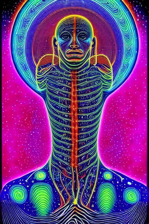 Image similar to A psychedelic silhouette of a human body filled with the universe, planets, stars and galaxies in the style of Alex Grey