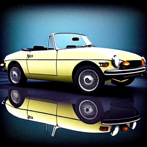 Prompt: vintage instamatic photo of a 1976 MGB, reflections, Isometric 3D, smooth 3D Illustration, Cinematic Matte Painting, volumetric lighting