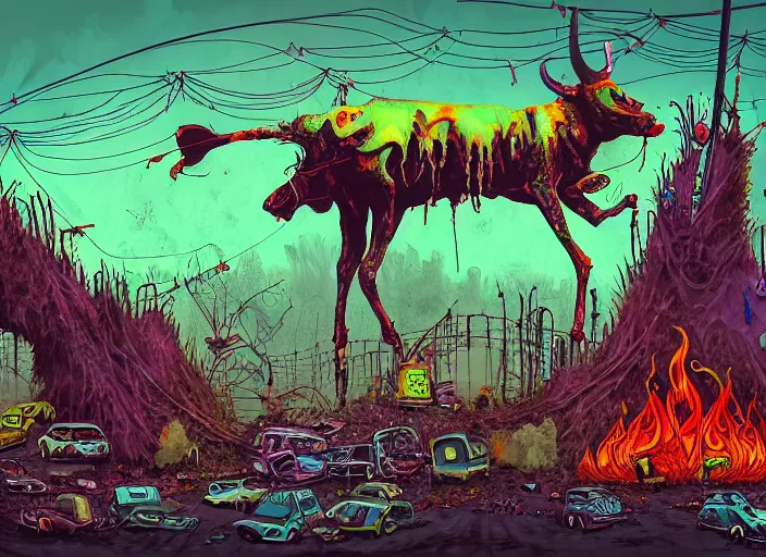 Image similar to a bad psychedelic trip, cows falling onto pits of fire, crows perched on a barbed wire fence, smog and abandoned vehicles litter the streets, zombified creatures walk the earth, digital painting masterpiece, trending on artstation and pixiv