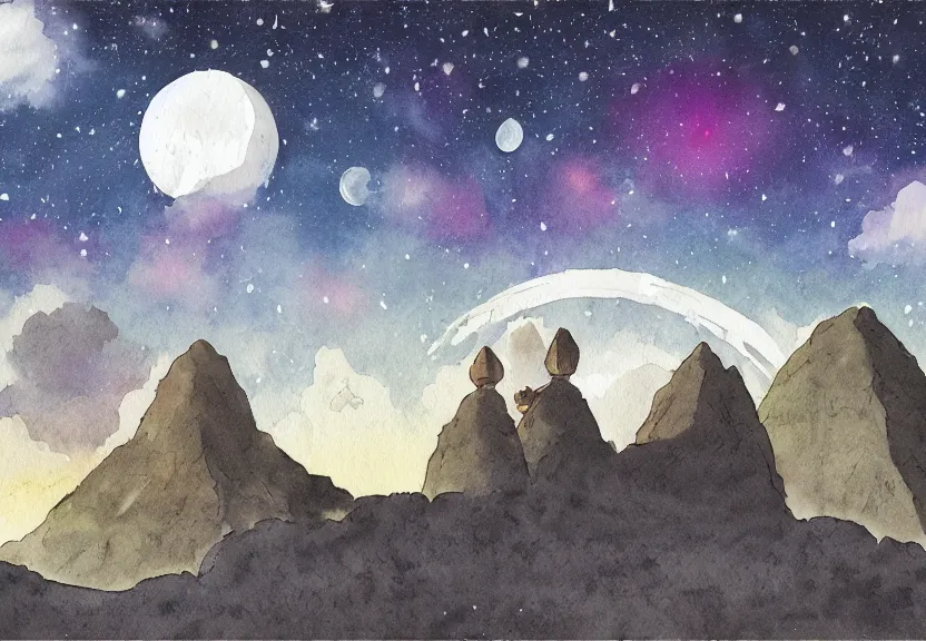 Prompt: a cell - shaded watercolor concept art from a studio ghibli film showing one giant grey ufo. in the background is machu pichu on a misty and starry night. by studio ghibli. very dull muted colors