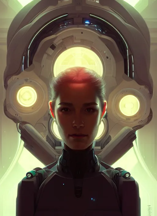 Image similar to symmetry!! portrait of robotic scientist, tech wear, scifi, glowing lights!! intricate elegant, highly detailed, digital painting, artstation, concept art, smooth, sharp focus, illustration, art by artgerm and greg rutkowski and alphonse mucha