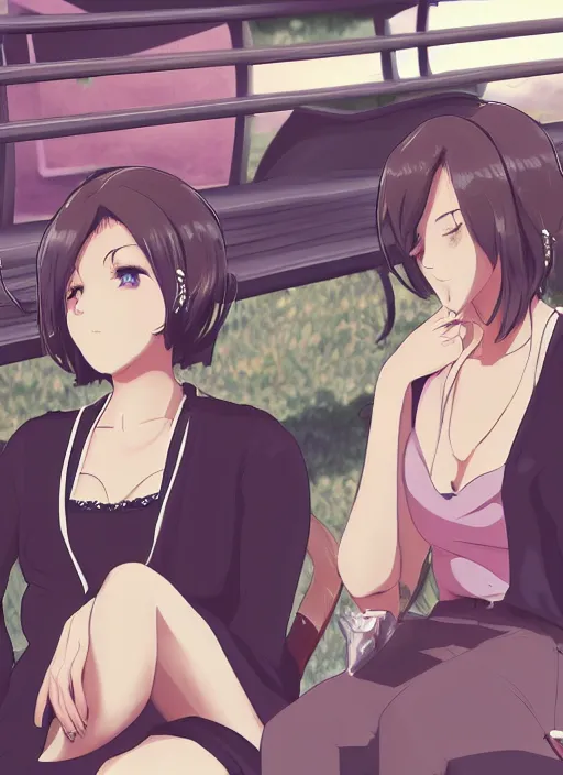 Image similar to two beautiful mature women waiting at a bus stop, summer clothes, gorgeous faces, thick lines, cinematic lighting, detailed anime art