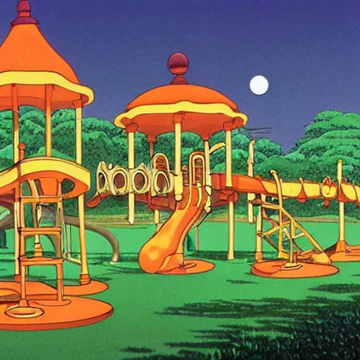 Prompt: Studio Ghibli enormous, never-ending playground of slides, swings, and many-storied playground equipment at dusk by Hayao Miyazaki and Thomas Kincade