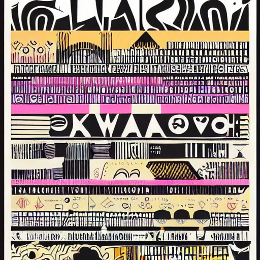 Image similar to beautiful cool graphic design setlist for pitchfork festival, illustration of instruments and stage bauhaus style shapes bright colors psychedelic stickers bold text design, set list of bands saturday and sunday