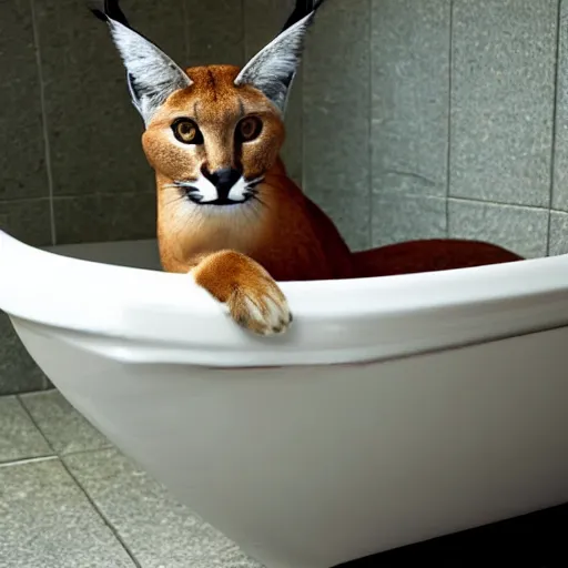 Prompt: Caracal sitting in a bathtub, Instagram photo