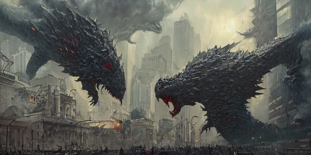 Prompt: kaiju attack in budapest painting, greg rutkowski, detailed, cinematic