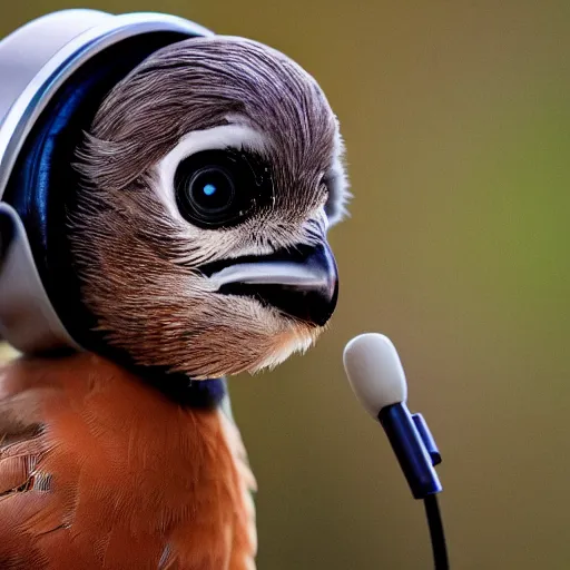 Image similar to A photograph of a bird wearing headphones and speaking into a microphone