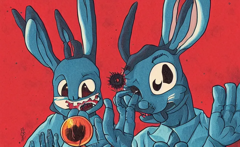 Prompt: Evil Bugs Bunny, Bad Acid Trip, Nightmare fuel, deceptive, conniving, wicked, uncomfortable crooked smile, wide eyed, stiff necked, stranger things by sachin teng