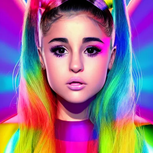 Prompt: 35mm macro shot portrait of an extremely cute and adorable Prismatic Spectrum Cosmic Magical Girl Ariana Grande Selena Gomez from the Rainbow Sky Paradise playing Dance Dance Revolution at Eurovision and Tomorrowland, large piercing eyes, smirk, ambient occlusion, DAZ, cinematic lighting, 3D render, unreal engine 5, professional graflex photograph by artgerm, flat vector art