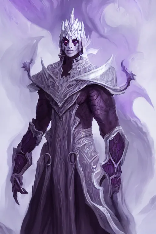 Prompt: man male demon, full body white purple cloak, warlock, character concept art, costume design, black eyes, white horns, trending on artstation, Artgerm , WLOP