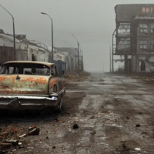 Image similar to wide angle shot of dilapidated fallout 5 in real life, desolate dilapidated town, empty streets, nightmarish, some rusted retro futuristic fallout 4 style parked cars, overcast, blankets of fog pockets, rain, volumetric lighting, beautiful, daytime, autumn, sharp focus, ultra detailed, cgsociety