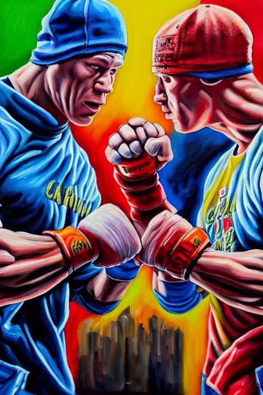 Prompt: john cena fight with eminem, battle rap, california, this painting contains only two people, avoid duplicate images, avoid unrealistic images, sweat, cinematic, ultra realistic, photo epic of the year, hyper detail, elaborate, baroque objects, good proportions, taken with the best dlsr camera