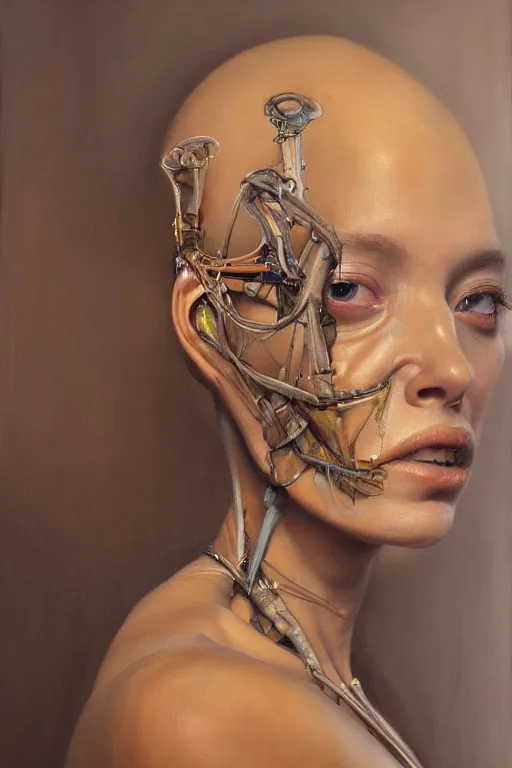Prompt: beautiful oil painting portrait of biomechanical woman face connected to the machine by beecroft vanessa, wayne barlowe, rembrandt, complex, stunning, realistic skin color, 4 k, high res, awardwinning, masterpiece, realistic lighting