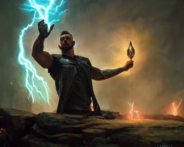 Image similar to handsome tattooed gym bro sorcerer lightning magic spell vfx, diagonal spell vfx, fantasy game spell, fantasy epic digital art, by greg rutkowski, gaston bussiere, craig mullins, j. c. leyendecker, tom of finland