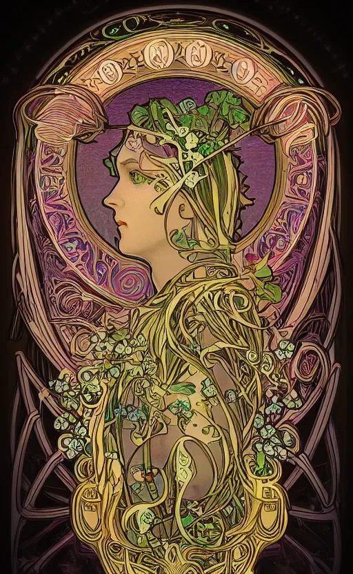 Image similar to code : art nouveau, alphonse mucha, glowing, runes, neon, pastel, floral print pattern, epic, 3 ds max + v - ray, deep depth of field, elegant, dark background, symmetrical, extremely detailed