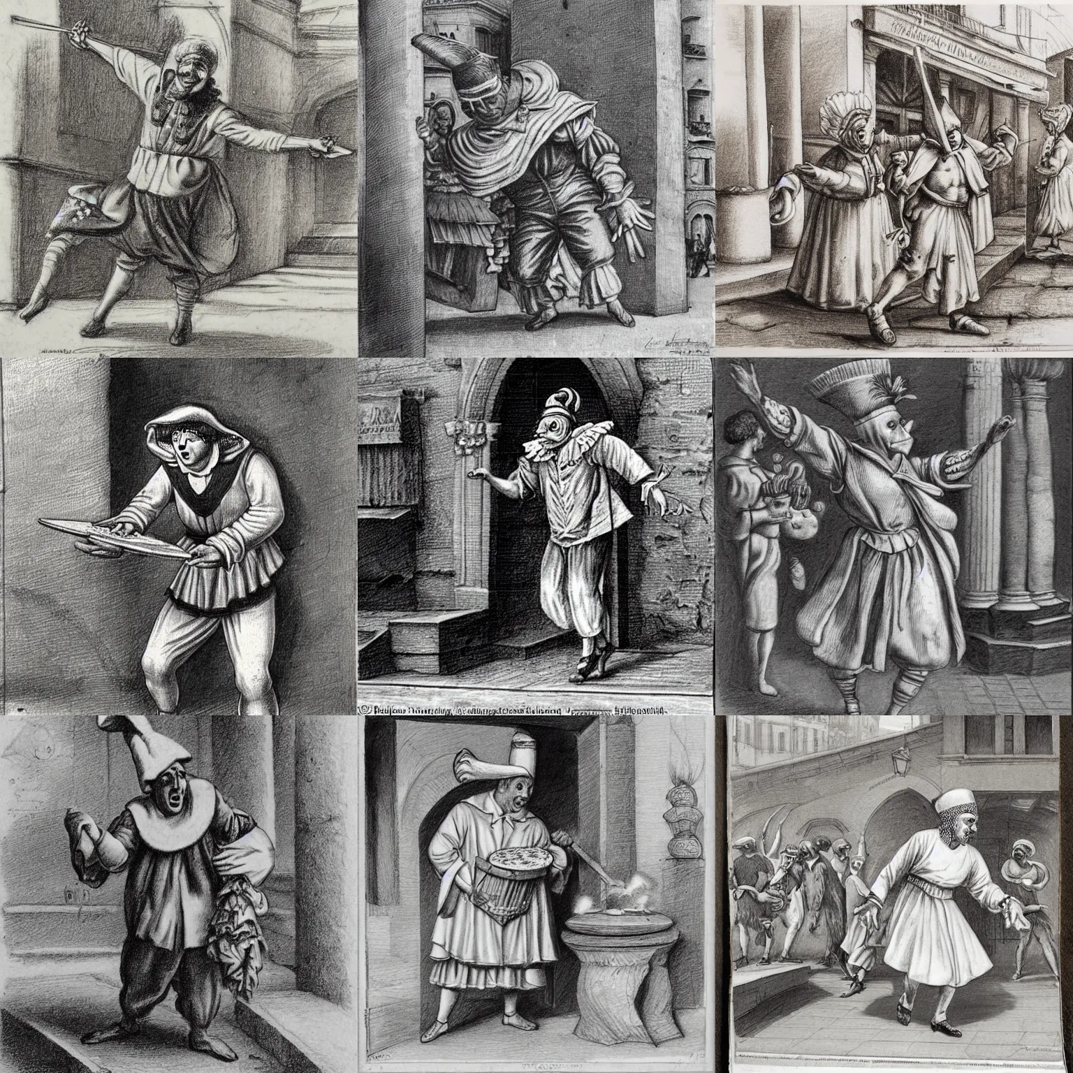 Prompt: pulcinella dancing in the street of naples with a pizza margherita, extremely detailed pencil sketch by silvio fiorillo, from commedia dell'arte