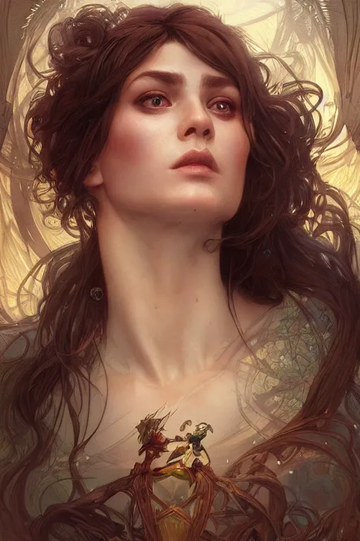 Prompt: up close portrait of a beautiful fae, d & d, face, fantasy, intricate, elegant, highly detailed, digital painting, artstation, concept art, smooth, sharp focus, illustration, art by artgerm and greg rutkowski and alphonse mucha