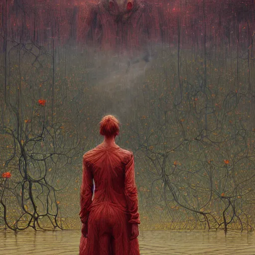 Prompt: A woman wearing clothes made out of thunder clouds and flowers, giant monsters walking in the background, red skin, Masterpiece, glowing, wires everywhere, by Edgar Maxence and Ross Tran, Zdzisław Beksiński, and Michael Whelan, distant, gustav dore, H.R. Giger, 8k, octane render