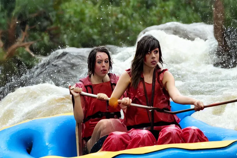 Image similar to Aubrey Plaza at Disney World riding Kali River Rapids, soaked, streaked makeup, deadpan, 8k detailed photo