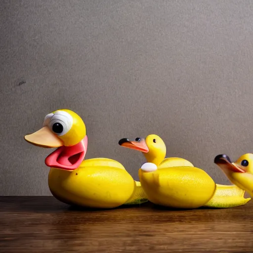 Image similar to professional photograph of banana ducks, peeled bananas with googly eyes and duck beaks