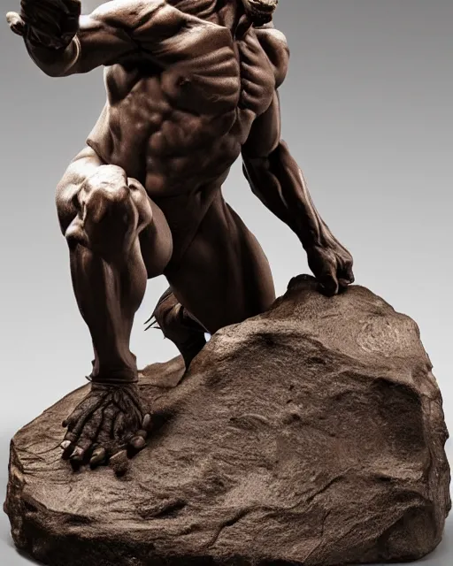 Prompt: a full figure rubber sculpture of crouching Orc, by Michelangelo, dramatic lighting, rough texture, subsurface scattering, wide angle lens