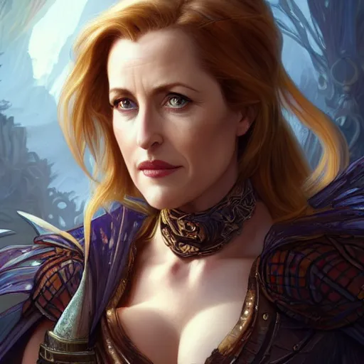 Prompt: gillian anderson, d & d, fantasy, intricate, elegant, highly detailed, digital painting, artstation, concept art, matte, sharp focus, illustration, hearthstone, art by artgerm and greg rutkowski and alphonse mucha