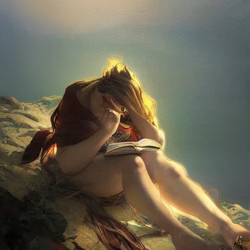 Image similar to hyperrealist portrait of a woman as amber heard reading a book atop a windy cliff by jeremy mann and alphonse mucha, fantasy art, photo realistic, dynamic lighting, artstation, poster, volumetric lighting, very detailed faces, 4 k, award winning